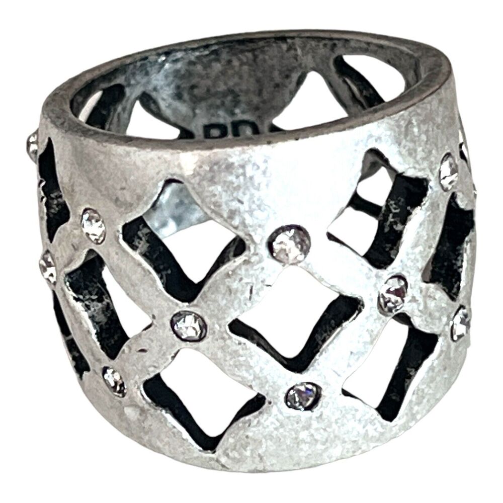 New Premier Designs Wide Band Ring Size 6 Openwork Crystal Silver Tone - 2N